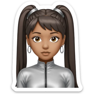 Left Eye from TLC with long dark brown ponytail hair, silver outfit sticker