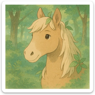 cute forest horse head, soft colors, gentle expression, leafy accents sticker