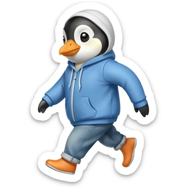 friendly anthropomorphised penguin in a hoodie and jeans brisk walking sticker