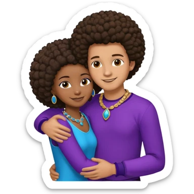 Tan male with short straight, light,brown hair, smiling and hugging a darkblack African girl with Afro in purple clothes with blue jewelry sticker