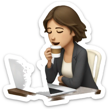 tired french girl with laptop drinking a lot of coffee sticker