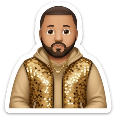 DJ Khaled with dark brown hair, beige sequin outfit sticker