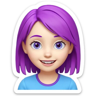 A cute 3D animated emoji character of a young girl face with vibrant purple hair. She has big expressive eyes and a wide happy smile showing teeth. The style is like a Pixar or Disney movie character, soft textures, high quality CGI render, isometric view, on a solid plain white background. sticker