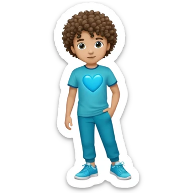 Um menino com cabelo crespo e cor de pele com blusa cor azul turqueza com um coração azul no meio com uma calça preta com um têniz azul. sticker
