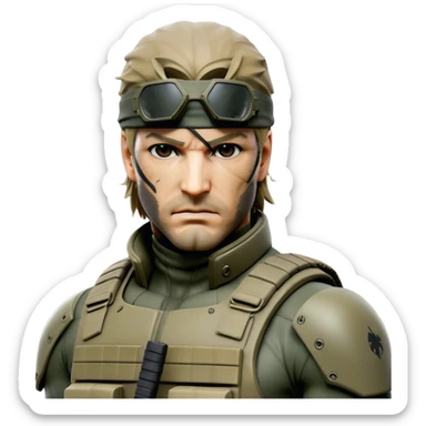 Cinematic Realistic Metal Gear Solid Snake Soldier Portrait, head tilted epicly and inquisitively, showcasing a commanding presence and tactical acumen. His weathered face, intense eyes, and meticulously rendered combat gear in muted earth tones are brought to life with lifelike clarity and dramatic lighting, high shine, epic and awe-inspiring, embodying the covert prowess of a true warrior of the shadows. sticker