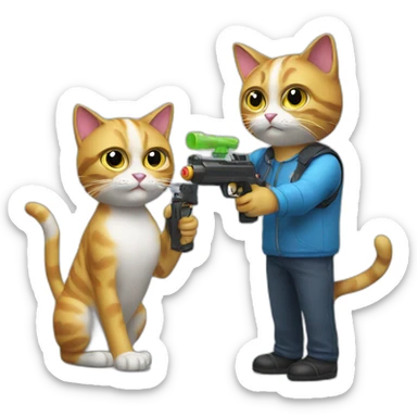 A cat with a water gun shooting to another cat sticker