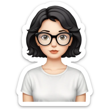 white woman about 50 years old with light warm skin, wide face, black wavy neck-length 80s short hair, low volume, neutral expression, large black shiny butterfly or cat-eye glasses, white casual t-shirt sticker