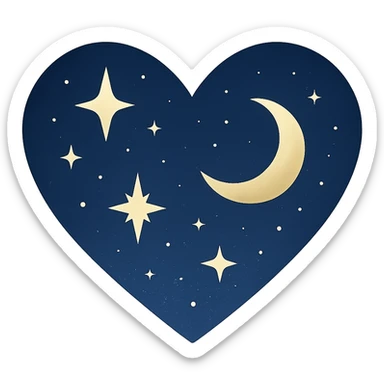 heart with a celestial night theme, stars and moon, clean digital illustration sticker