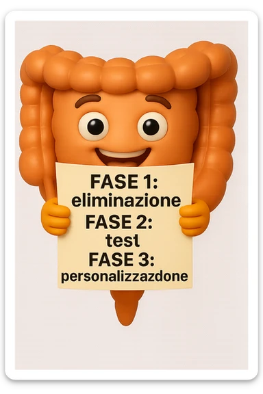 emoji stile iphone 3d di un intestino che tiene in mano un foglio con la scritta "FASE 1: eliminazione, FASE 2: test, FASE 3: personalizzazione, IPERREALISTICO 4K sticker
