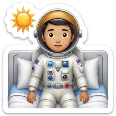Asian man wearing in astronaut wakeup from the bed with a sun sticker