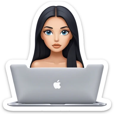 Glamours tanned very beautiful girl with pump peach nude lips and black straight smooth long hair, blue-grey eyes with MacBook sticker