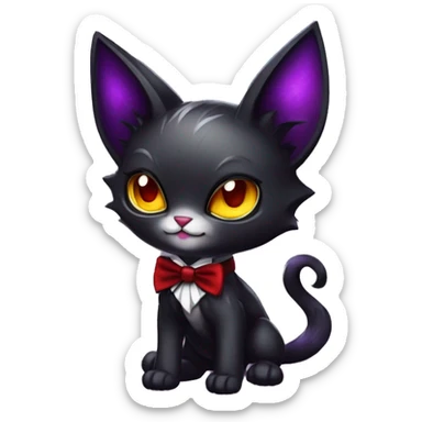Cute-Evil-Vampiric-Batty-Cat-Black-Purple-Red-Yellow-Contrast-Colors-Fantasy-Fur-Sona-Chibi-Shiny-Fakémon-Hybrid with horns and big fangs neck bow white tie leg spats full body sticker