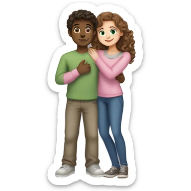 A young man with fair skin, dark hair, green eyes in a gray jumper, hugs a girl with fair skin, brown hair with curls, blue eyes in a pink blouse sticker