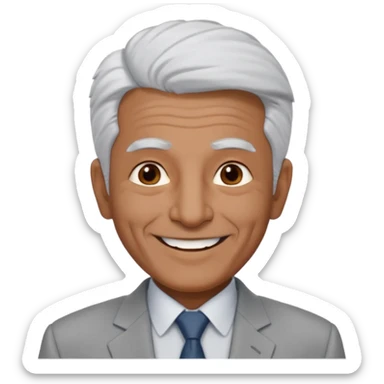 70 yr old man, very short spike white hair, pakistani, light grey business suit, big smile, dark skin, no facial hair
 sticker