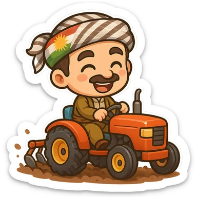 chibi cartoon sticker of a cheerful Kurdish farmer plowing the land with a tractor, colorful style sticker