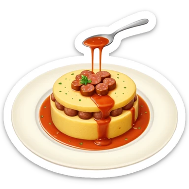 Fai l’emoji di una polenta che è quasi del tutto ricoperta di sugo, con la salsiccia sopra sempre bella insugata sticker
