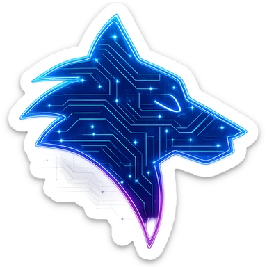Transform the Overwolf logo into a cyberpunk, holographic style with glowing neon blue and pink edges, circuit patterns throughout the entire icon, and a transparent background. Maintain the recognizable Overwolf wolf head shape, overlaying neon and circuit effects in the same futuristic, clean style as previous cyberpunk icons. The whole icon should have a consistent cyberpunk glow and intricate circuit details. sticker