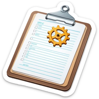 clipboard holding a simplified service order paper with faint lines, with a small gear symbol, clean vector art, bright colors, isolated sticker