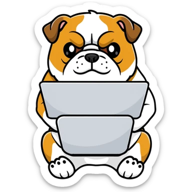 English bulldog sitting with a laptop sticker