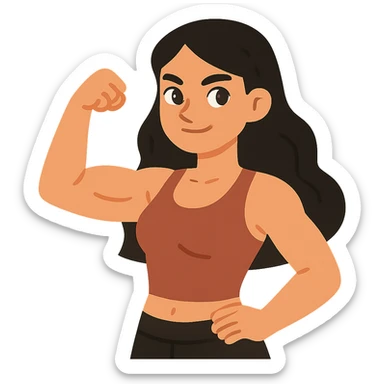 flat toon style strong girl with brown eyes, flesh-colored skin, long slightly wavy black hair sticker