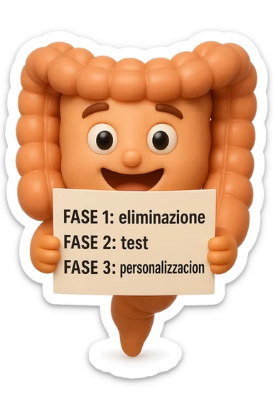 emoji stile iphone 3d di un intestino che tiene in mano un foglio con la scritta "FASE 1: eliminazione, FASE 2: test, FASE 3: personalizzazione, IPERREALISTICO 4K sticker