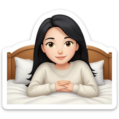A woman with longer black hair, light to medium skin tone, full cheeks, and almond-shaped eyes, wearing a simple white sweater, lying comfortably on a bed with soft lighting, joyful and radiant expression sticker