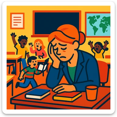 exhausted teacher in a bustling classroom sticker