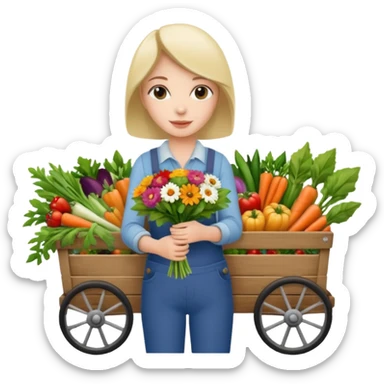 Shopper with flower bouquet,Farmers’ Market, background veggies cart. sticker