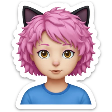 Black cat wearing a short curly pink hair wig, blue T-shirt sticker
