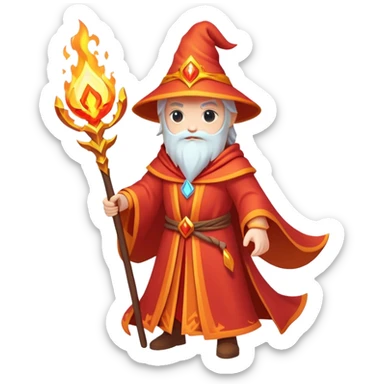 Clash of Clans aesthetic: Cinematic heroic powerful fire Wizard Hero  close up Emoji, rendered in a 3D vector-style similar to standard emojis with minimal shading and bold, simplified shapes. A compact, isometric figure draped in flowing enchanted robes and wielding a mystical staff, softly glowing with an arcane magical charm. Simplified yet unmistakably iconic, highly detailed and consistent, glowing with a soft radiant glow and high shine. Stylized with a touch of whimsical sorcery and a soft glowing outline, capturing the essence of a powerful wizard ready to cast spells with a friendly, playful spirit! sticker