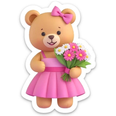 A cute teddy bear with a pink bow on its head, holding a bouquet of white flowers, in a 3D iOS Disney style, with a soft pink background and hearts floating around, wearing a pink dress and a big smile. sticker