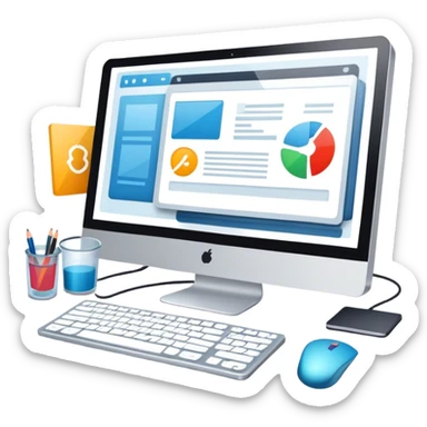 Modern icon for Web Design: computer screen with a website layout, design tools like a mouse and a stilus, web elements such as icons and wireframes. Transparent background. sticker