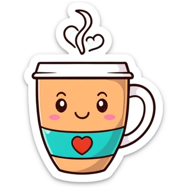 smiling hot coffee cup with heart-shaped steam, mocha brown tones, kawaii soft hand-drawn sticker