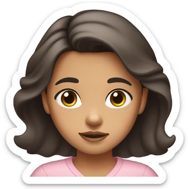 A girl with long, wavy, dark brown hair. She has almost black brown eyes and slightly tanned skin. Her lips are pink and she has a bit of blush on, she wears mascara on her eyelashes. Her hair is parted down the middle and her shirt is a pink one with a V-neck and is light pink. sticker