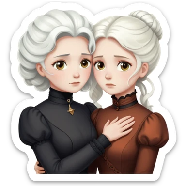 Two Victorian women with light eyes, one with bright white coiffed hair and one with dark copper coiffed hair, wearing Victorian turtleneck dresses, embracing each other in a sad, intimate hug sticker