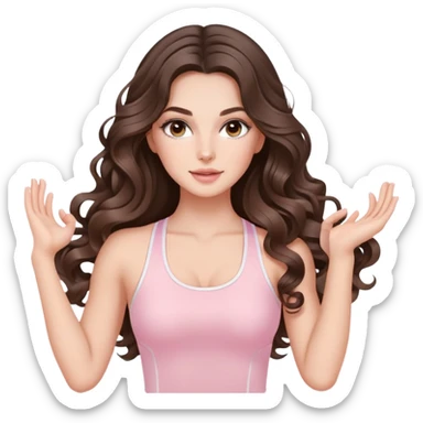 beautiful brunette with a light balayage white girl with nice defined and long curls , very long hair, clean girl makeup STRETCHING IN LIGHT PINK GYM sticker