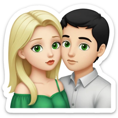A blonde girl with fair skin and green eyes and a guy with black hair and fair skin and green eyes are kissing sticker