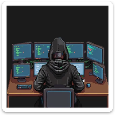 pixel art of a programmer in a dark hoodie, sitting at a desk with multiple monitors sticker