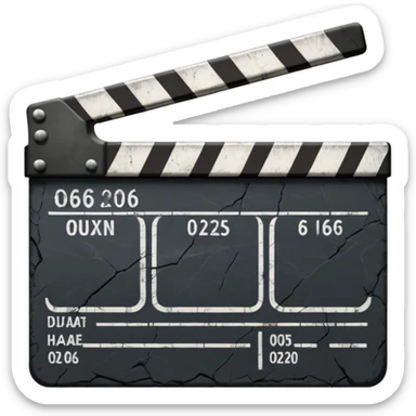 Minimalist emoji-style sticker of a cracked movie clapperboard with the date “06/06/66”, faint scorched marks, all in grayscale


 sticker