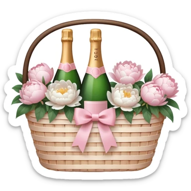 White Picnic basket with light pink bow and white peonies and a pink champage bottle inside sticker