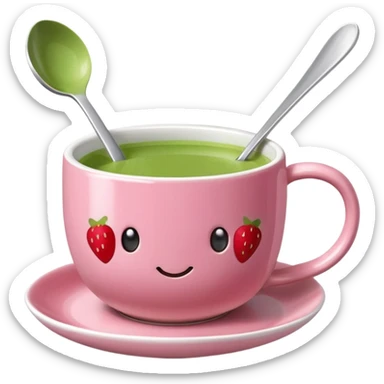 Strawberry matcha in a mug with saucer and matcha spoon on side sticker
