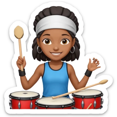 A black girl drummer with a sporty headband and clothes, tapping her drum rhythmically with a grin. sticker
