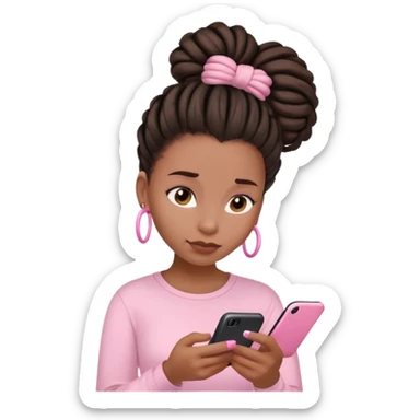Dark brown woman with dreadlocks in bun Light pink shirt texting on pink phone sticker