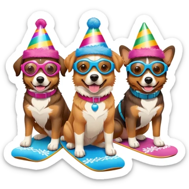 3 dogs snowboarding birthday party sticker