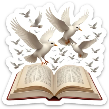 Icon for Poetry Reading: an open book with flowing verses, with pages transforming into a flock of white birds flying away. The icon should evoke the beauty, freedom, and emotional depth of poetry. Transparent background. sticker
