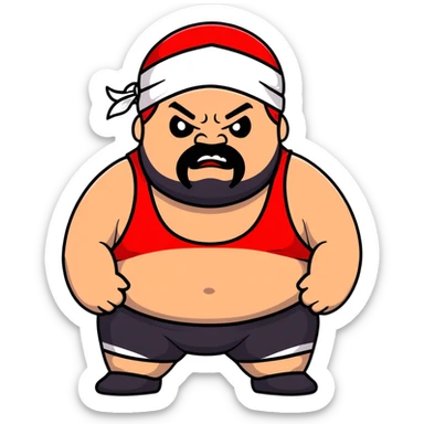 Extreme close-up of face of morbidly obese white skin guy with young face, prominent BLACK DURAG tied clearly on head, distinct black beard and mustache, black eyes in a red and black wrestling singlet with angry expression sticker