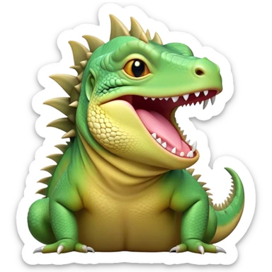 Cinematic Cute Yawning Iguana Portrait Emoji, Head tilted slightly with a dramatic, wide-open yawn, showcasing a sturdy, scaled body with a softly drooping spiky crest and sleepy, half-closed eyes, Simplified yet irresistibly adorable features, highly detailed, glowing with a soft, cozy jungle glow, high shine, relaxed yet expressive, stylized with a dash of whimsical charm, soft glowing outline, capturing the essence of a drowsy yet affectionate iguana that appears ready to stretch out for a nap! sticker