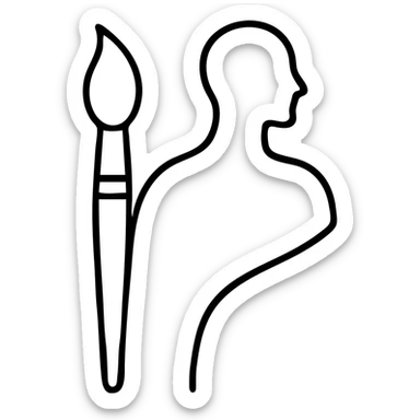 A paintbrush morphing into a polished silver human sculpture silhouette with bronze details, symbol of artistic identity sticker