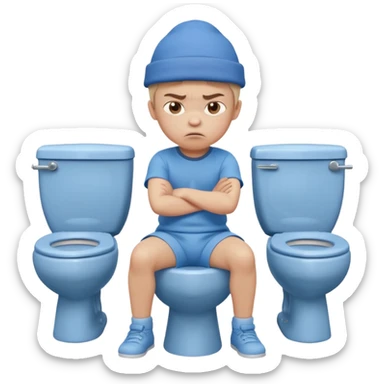 3D cartoon child with a slightly different face, wearing the same style blue hat and blue outfit, sitting on a toilet, angry expression, arms crossed, pastel children’s animation style." sticker