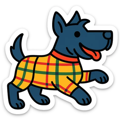 Change the tartan colorway of Scotty the Scottish Terrier mascot to a different tartan pattern, keep the energetic pose and modern icon style, no background. sticker